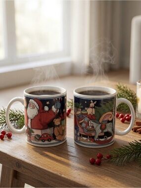 ☕️ Set of 2 Christmas Teddy Bear Santa Sleigh Mugs Holiday Decor Susan Winget